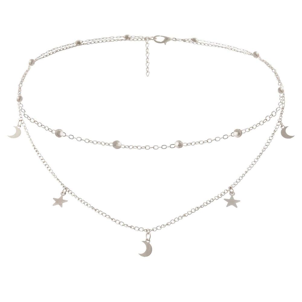 Fashion Layering Star Moon Charm Pendant Tassel Necklace Silver Chain